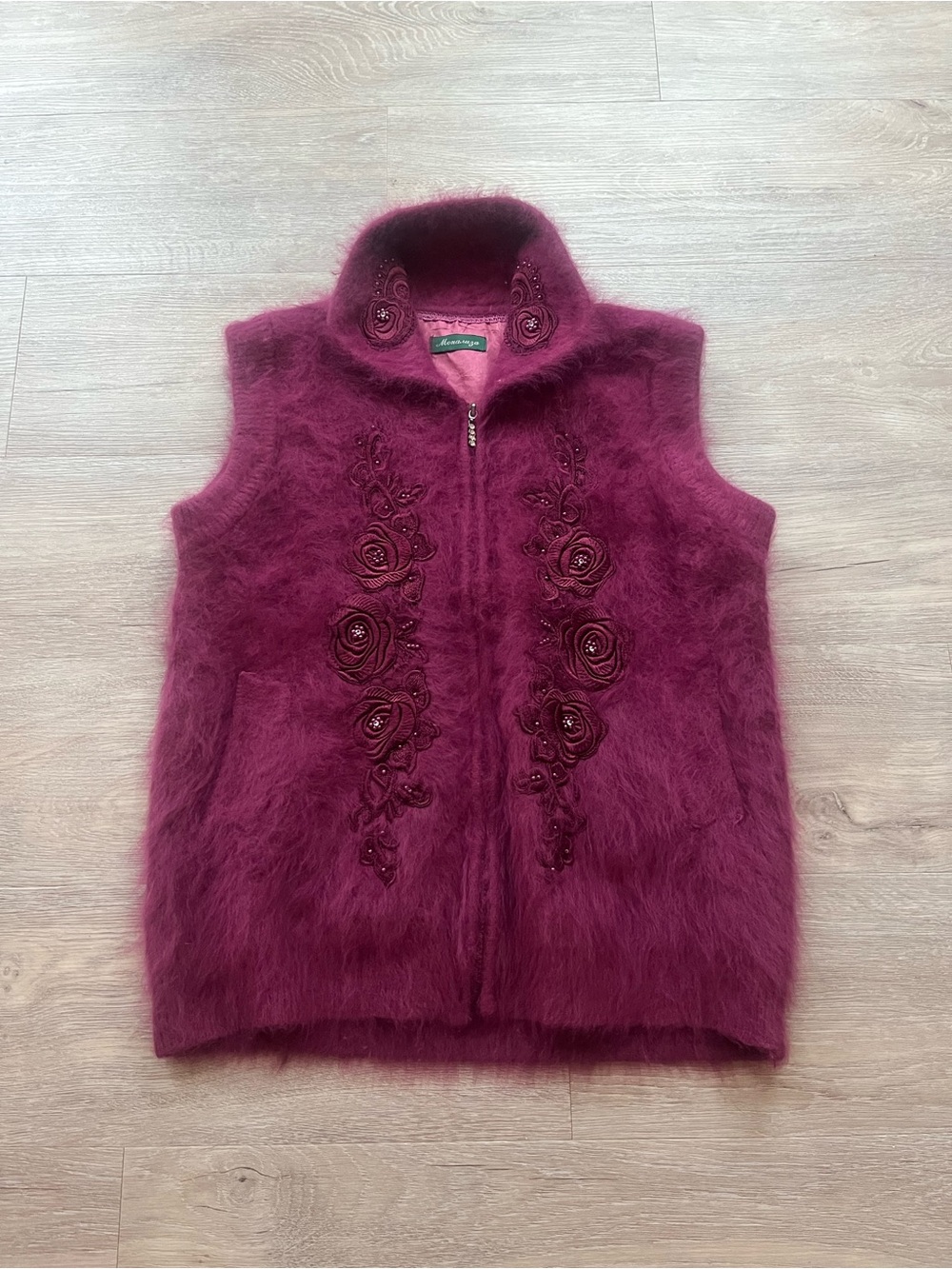 Plum rabbit fur embroidered vest